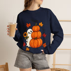 Halloween Pumpkin Stack Crewneck Sweatshirt — Ghost, Sunflower & Falling Leaves Design