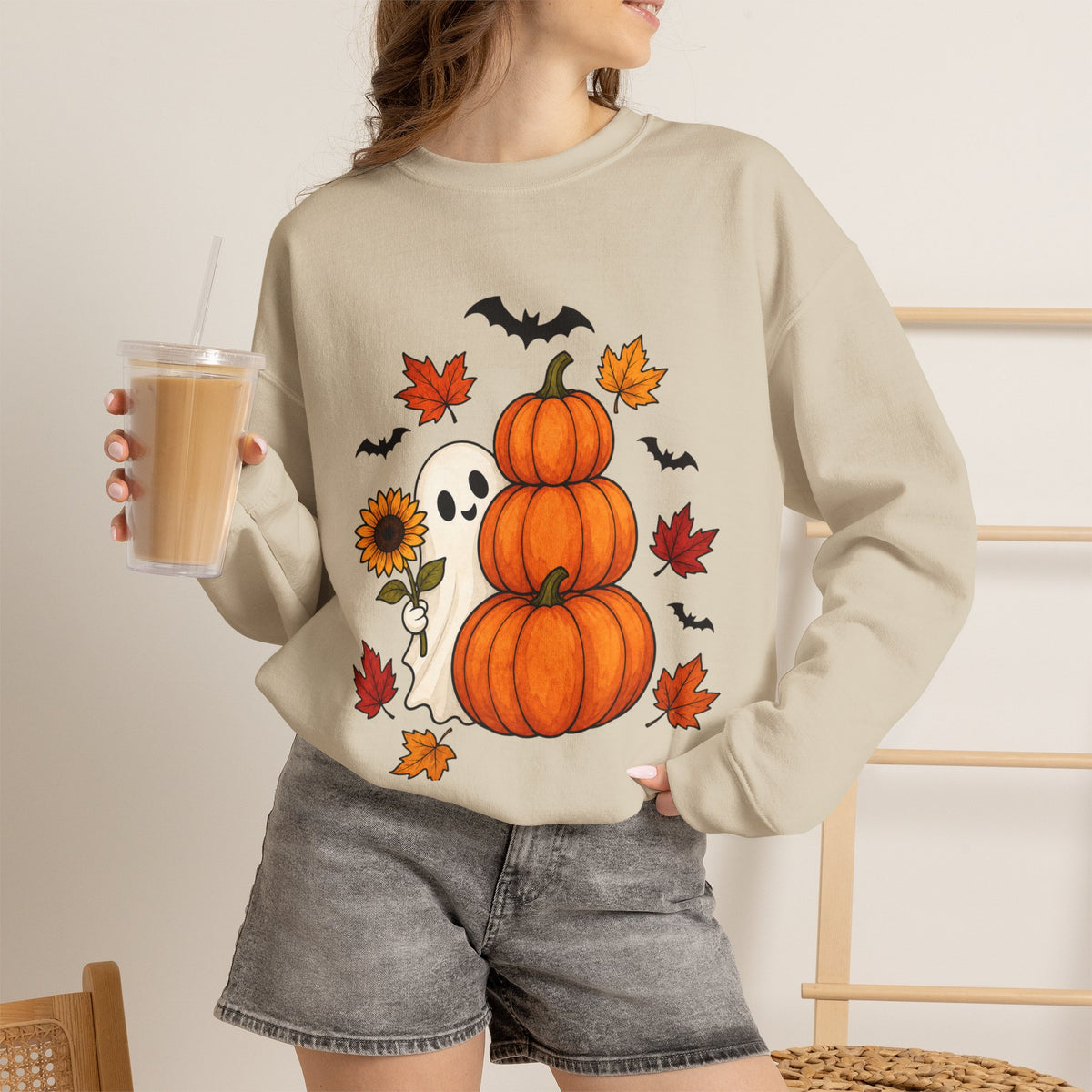 Halloween Pumpkin Stack Crewneck Sweatshirt — Ghost, Sunflower & Falling Leaves Design