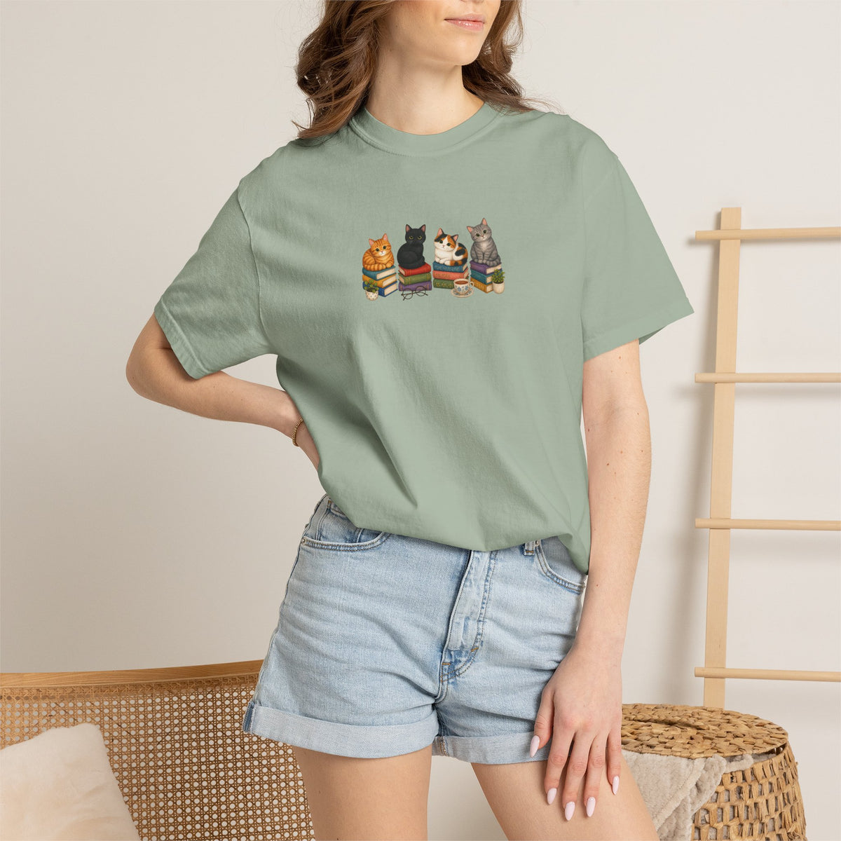 Cat Knit Crew T-Shirt — Cozy Cats Sitting Together Graphic Tee