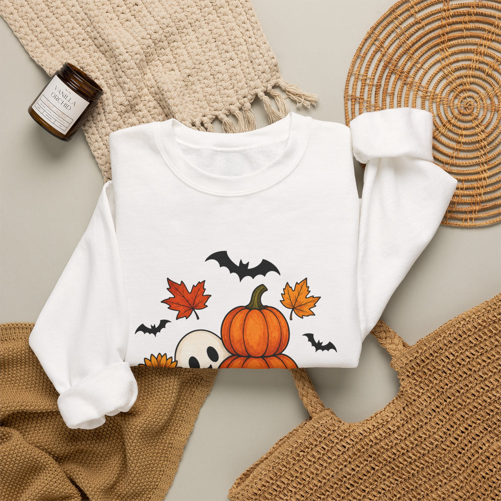Halloween Pumpkin Stack Crewneck Sweatshirt — Ghost, Sunflower & Falling Leaves Design