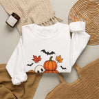 Halloween Pumpkin Stack Crewneck Sweatshirt — Ghost, Sunflower & Falling Leaves Design