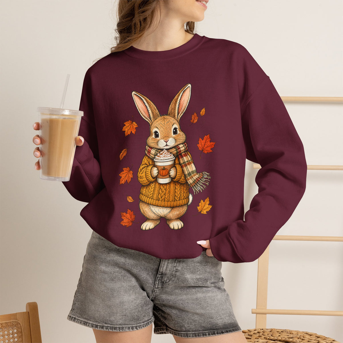 Autumn Bunny Sweatshirt – Cozy Fall Rabbit Holding Coffee