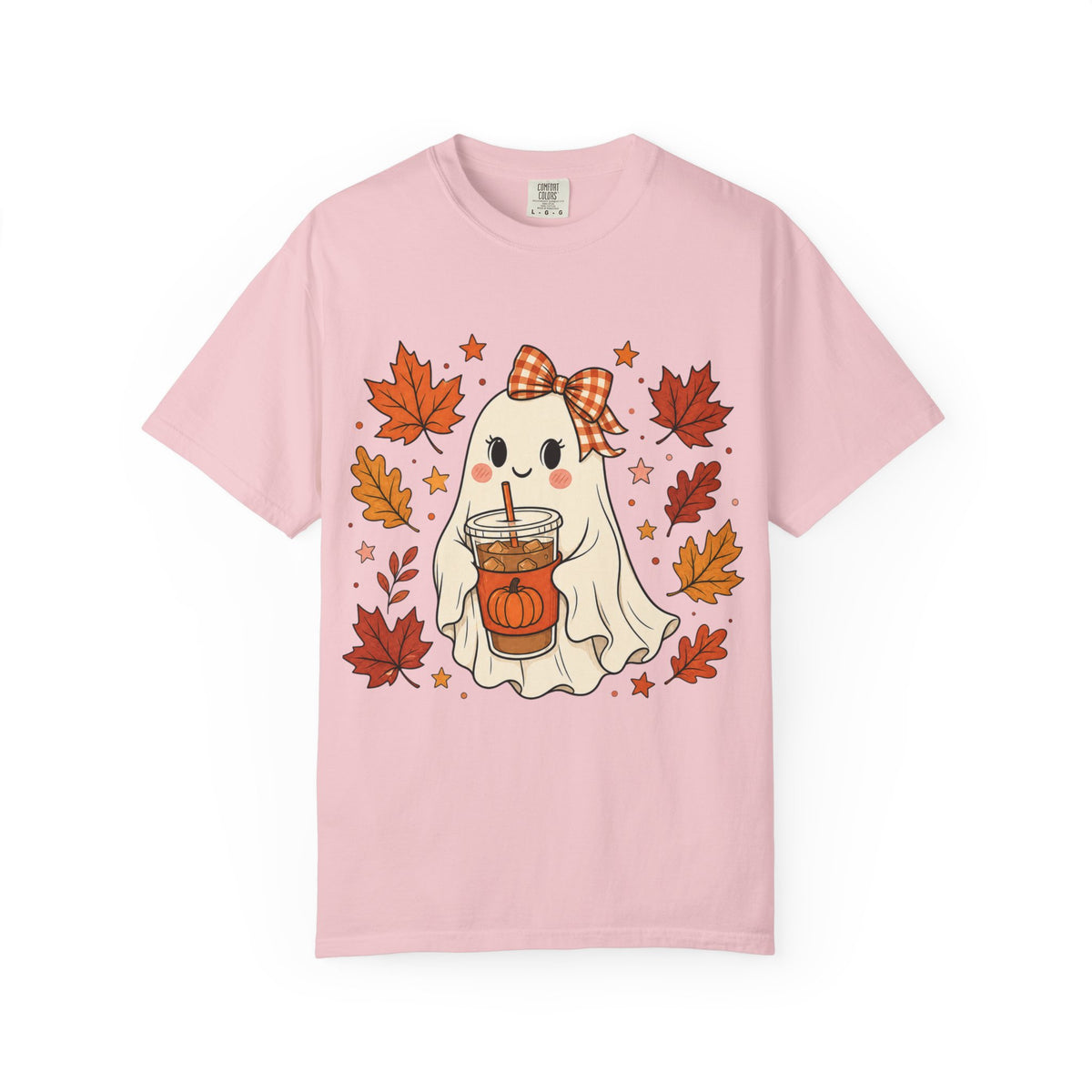 Cute Ghost Pumpkin Drink Tee — Fall Leaves Graphic T-Shirt