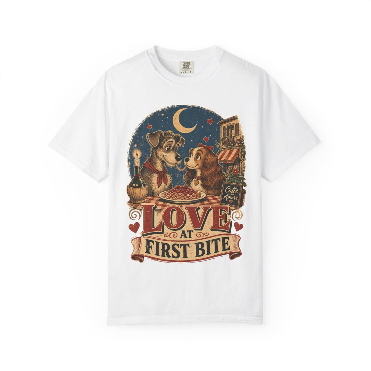 T-Shirt — "Love at First Bite" Vintage Pizza Date Dogs Tee