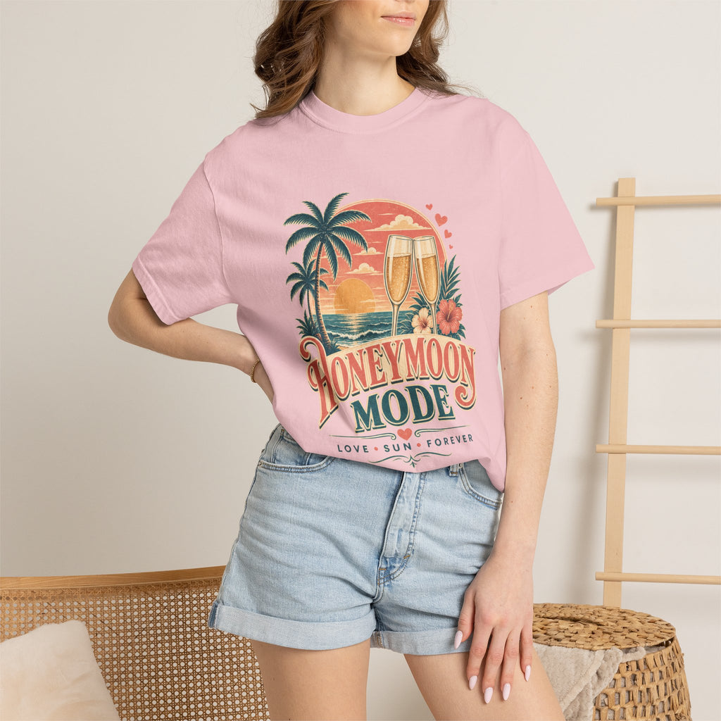 Honeymoon Mode T-Shirt — Tropical Sunset Couple Vacation Tee