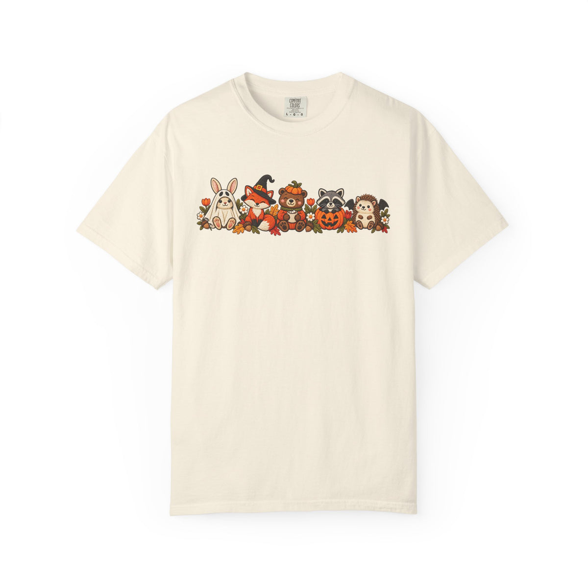 Halloween Critter Lineup T-Shirt — Cute Pumpkin, Witch & Bunny Spooky Crew