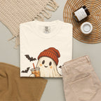 Halloween Ghost T-Shirt — Cute Ghost with Pumpkin & Coffee Graphic