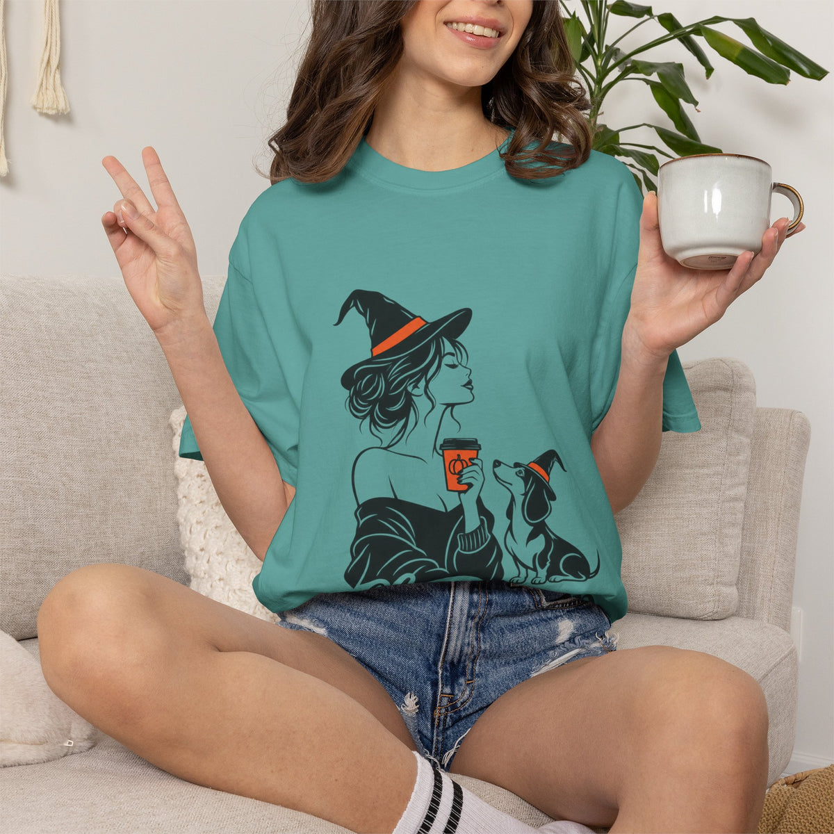 Her Human Witch Tee — Halloween Witch & Dog Graphic T-Shirt