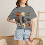 Halloween-Icons T-Shirt — Niedliches Retro-T-Shirt mit Kürbissen, Geist, Katze & Totenkopf