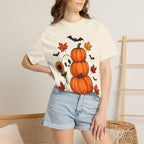 Halloween Pumpkin Stack T-Shirt — Cute Ghost, Sunflower & Falling Leaves Design