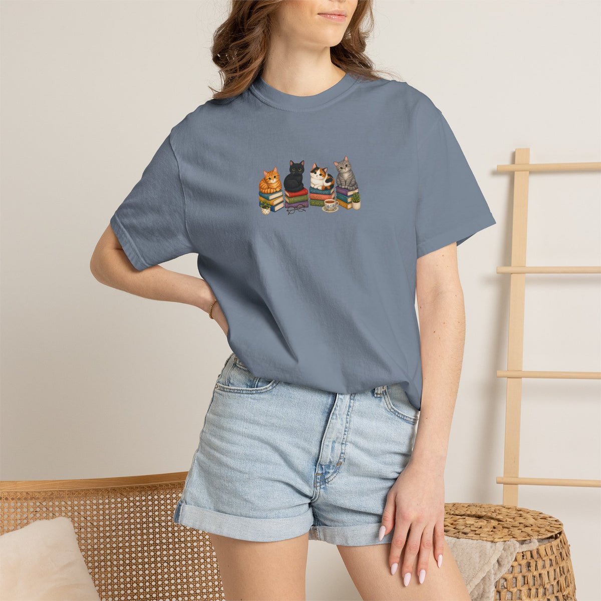 Cat Knit Crew T-Shirt — Cozy Cats Sitting Together Graphic Tee