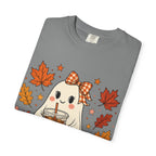 Cute Ghost Pumpkin Drink Tee — Fall Leaves Graphic T-Shirt