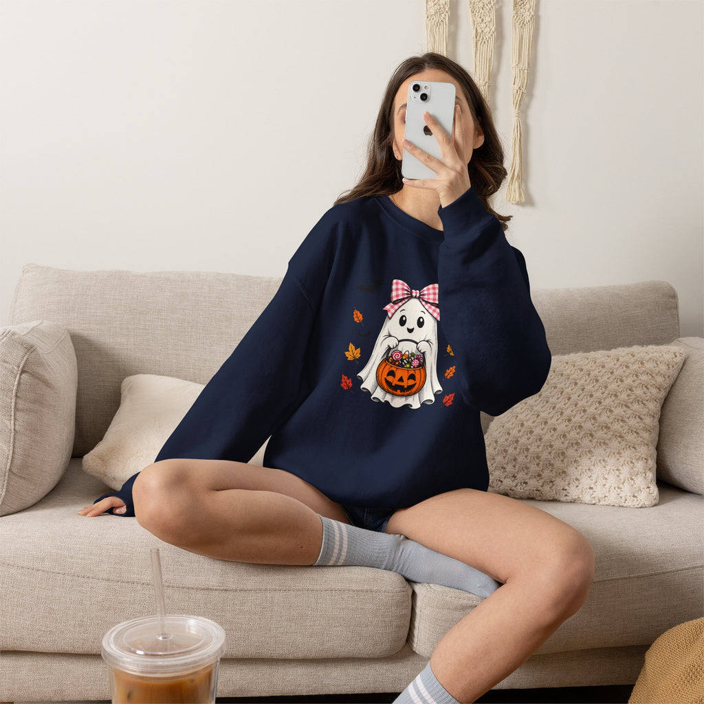 Cute Halloween Ghost Sweatshirt – Girl Ghost with Pumpkin Basket & Bats