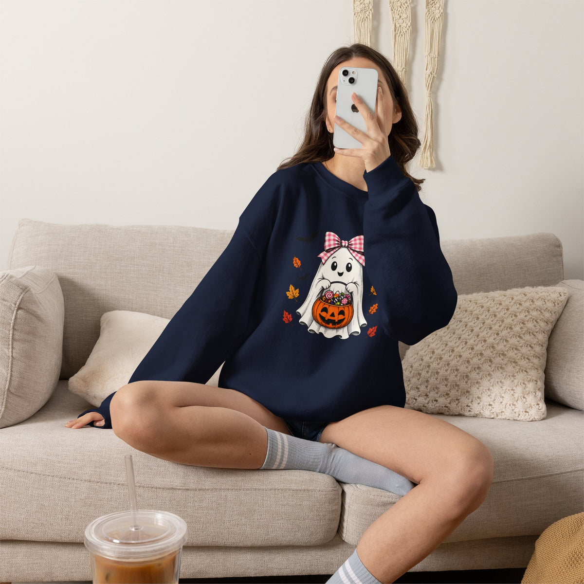 Cute Halloween Ghost Sweatshirt – Girl Ghost with Pumpkin Basket & Bats