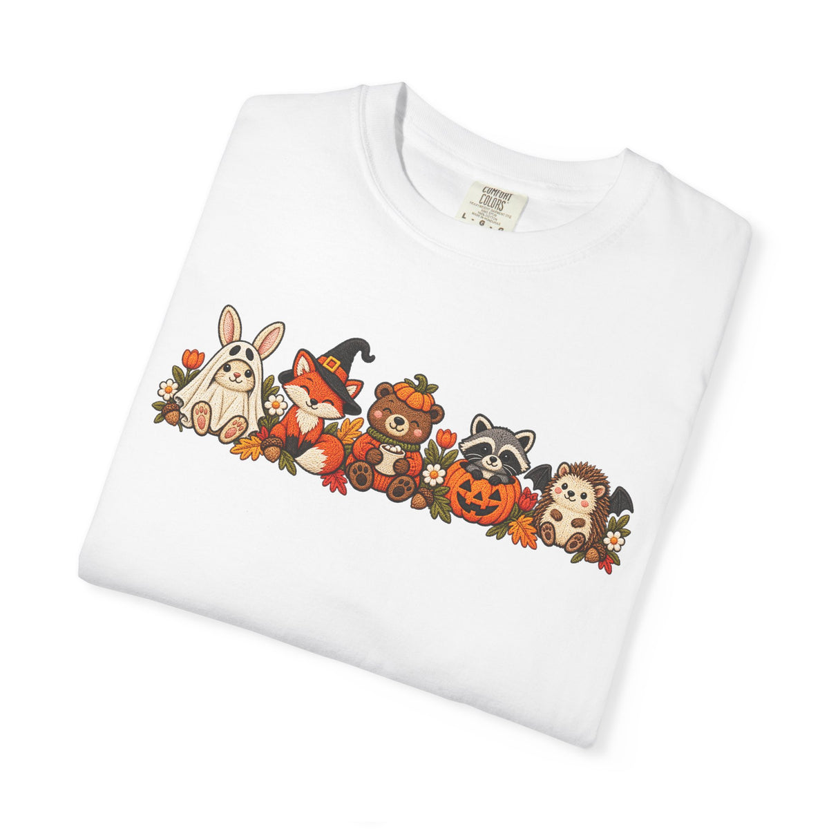 Halloween Critter Lineup T-Shirt — Cute Pumpkin, Witch & Bunny Spooky Crew