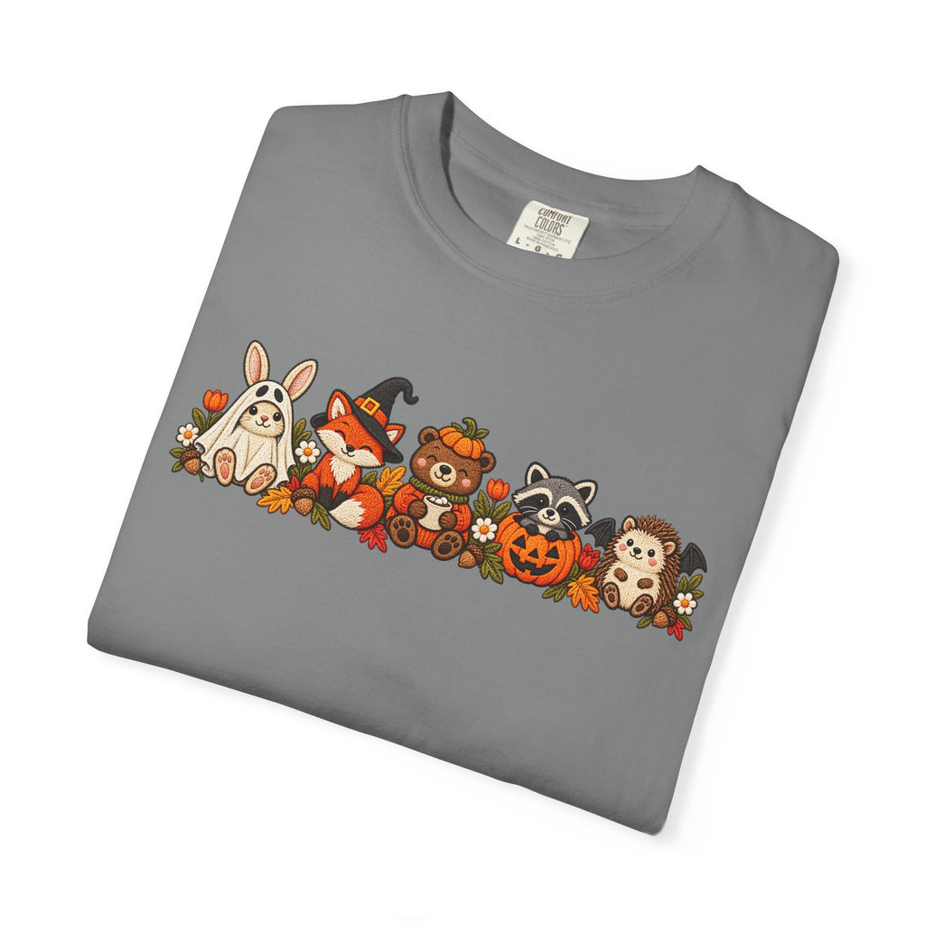 Halloween Critter Lineup T-Shirt — Cute Pumpkin, Witch & Bunny Spooky Crew