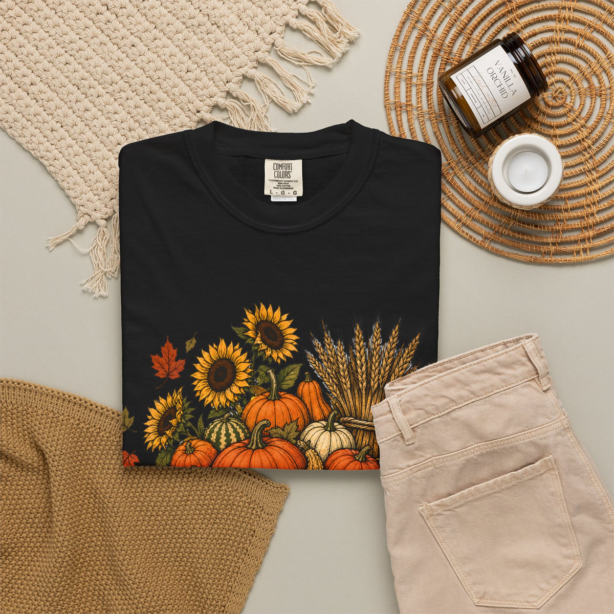 T-Shirt „Herbsternte-Wagen“ — Kürbis & Sonnenblume Herbst-T-Shirt