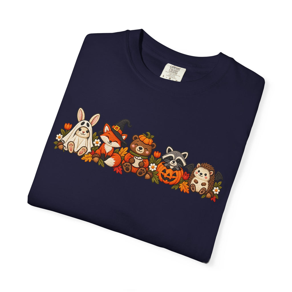 Halloween Critter Lineup T-Shirt — Cute Pumpkin, Witch & Bunny Spooky Crew