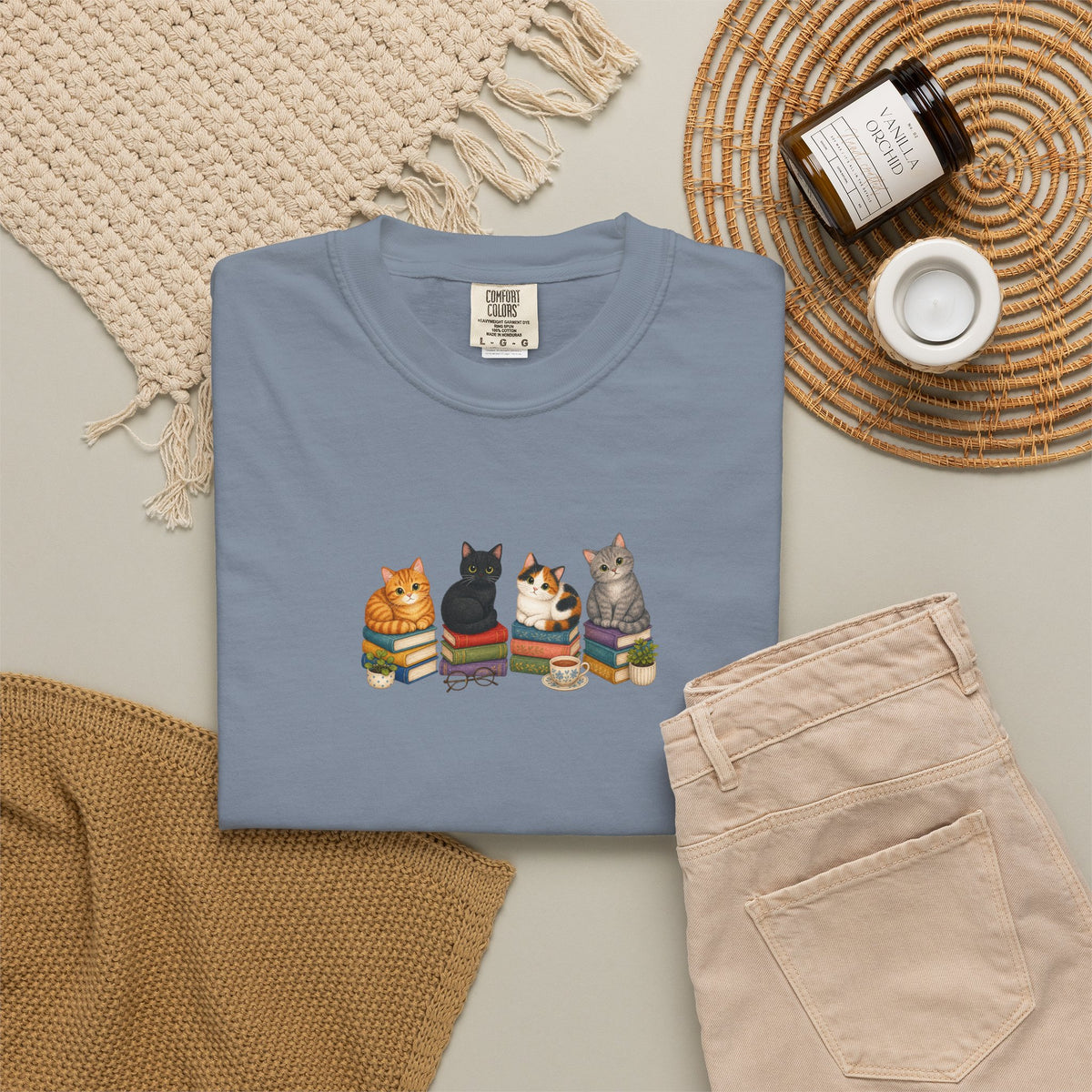 Cat Knit Crew T-Shirt — Cozy Cats Sitting Together Graphic Tee