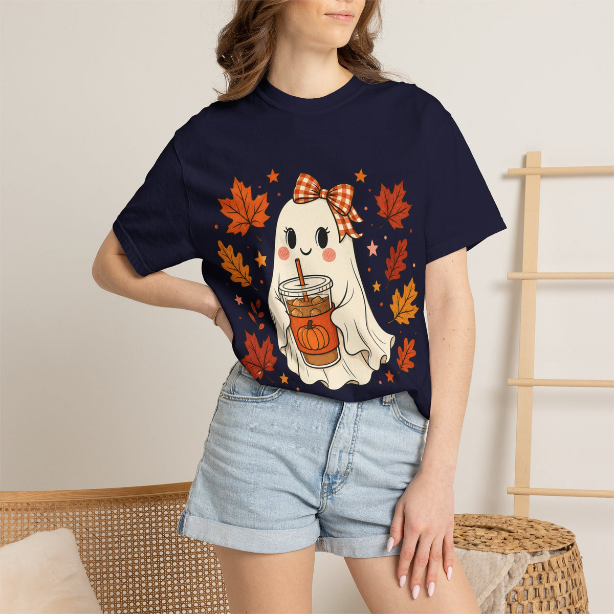 Cute Ghost Pumpkin Drink Tee — Fall Leaves Graphic T-Shirt