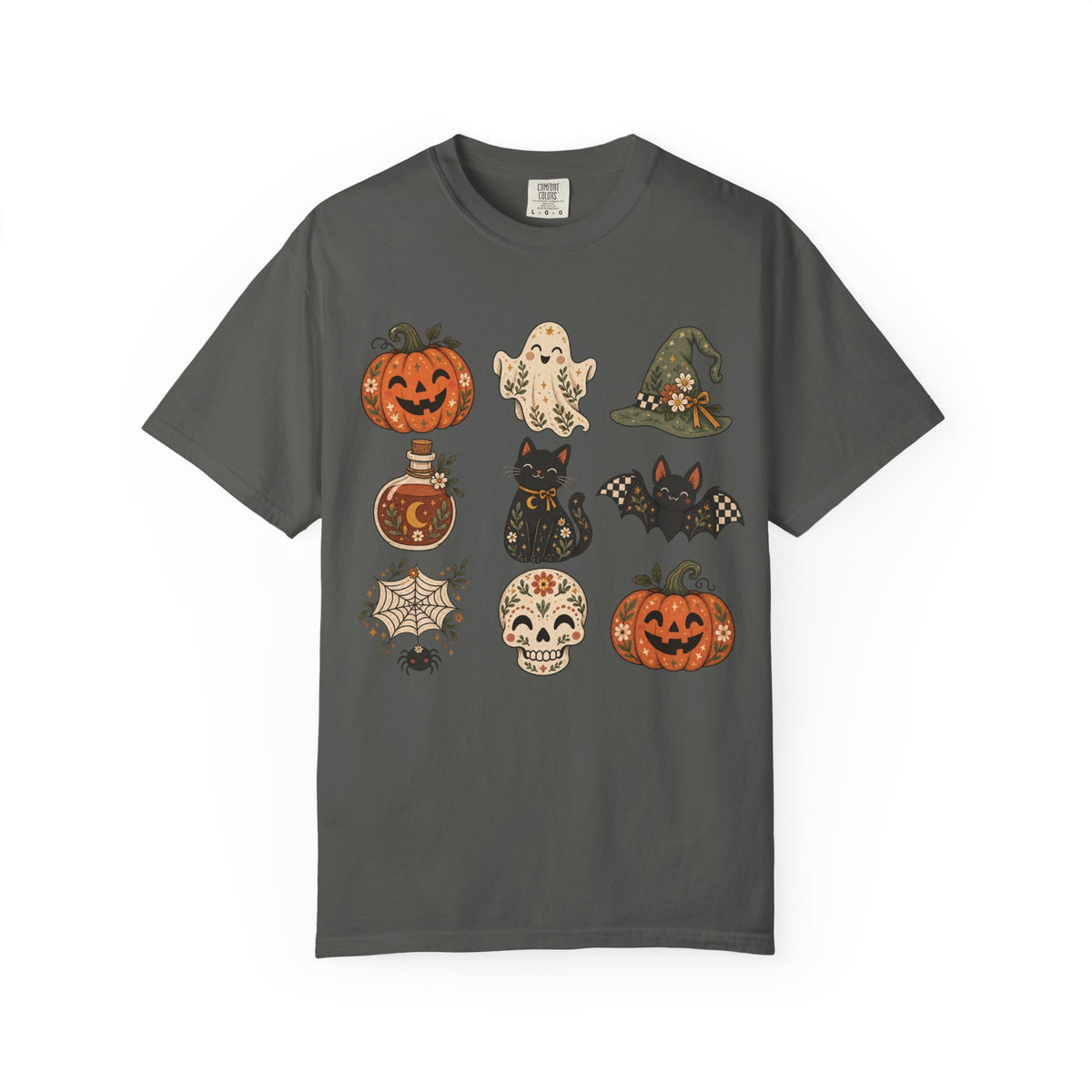 Halloween Icons T-Shirt — Cute Retro Pumpkins, Ghost, Cat & Skull Tee