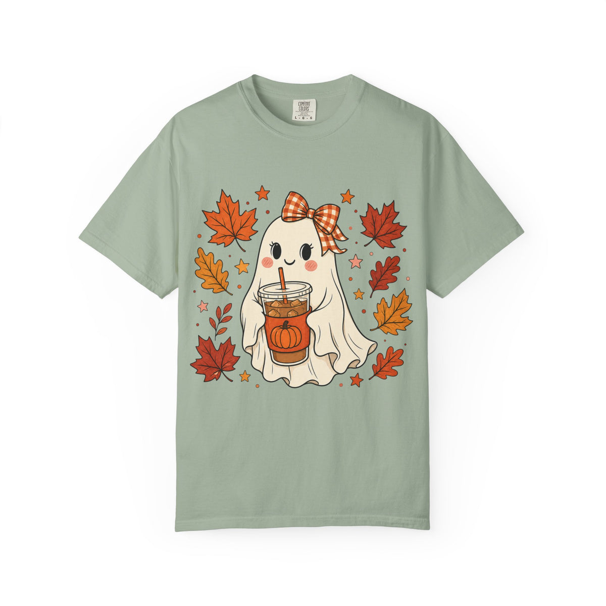 Cute Ghost Pumpkin Drink Tee — Fall Leaves Graphic T-Shirt