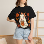 Cute Ghost Pumpkin Drink Tee — Fall Leaves Graphic T-Shirt