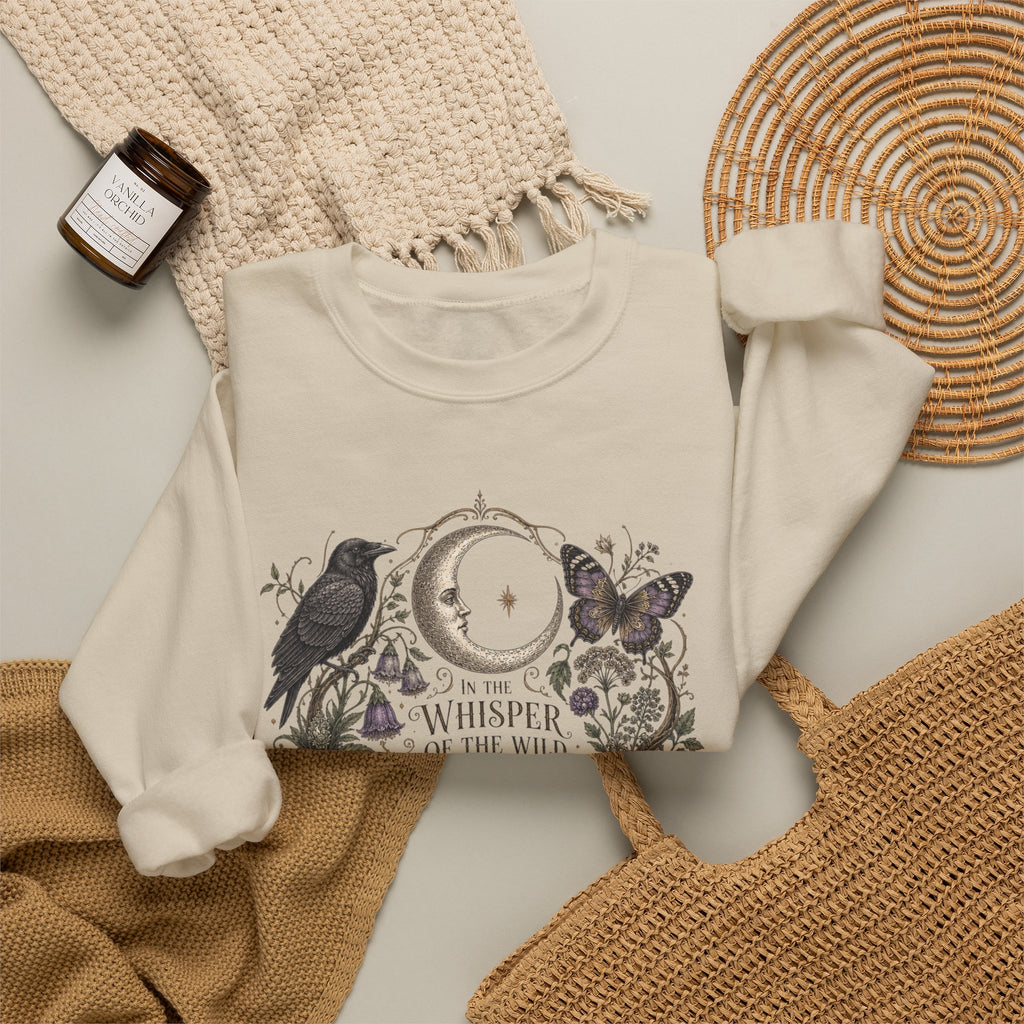 Mystic Moon & Mushroom Crewneck Sweatshirt — "Whisper to the Wild" Nature Graphic