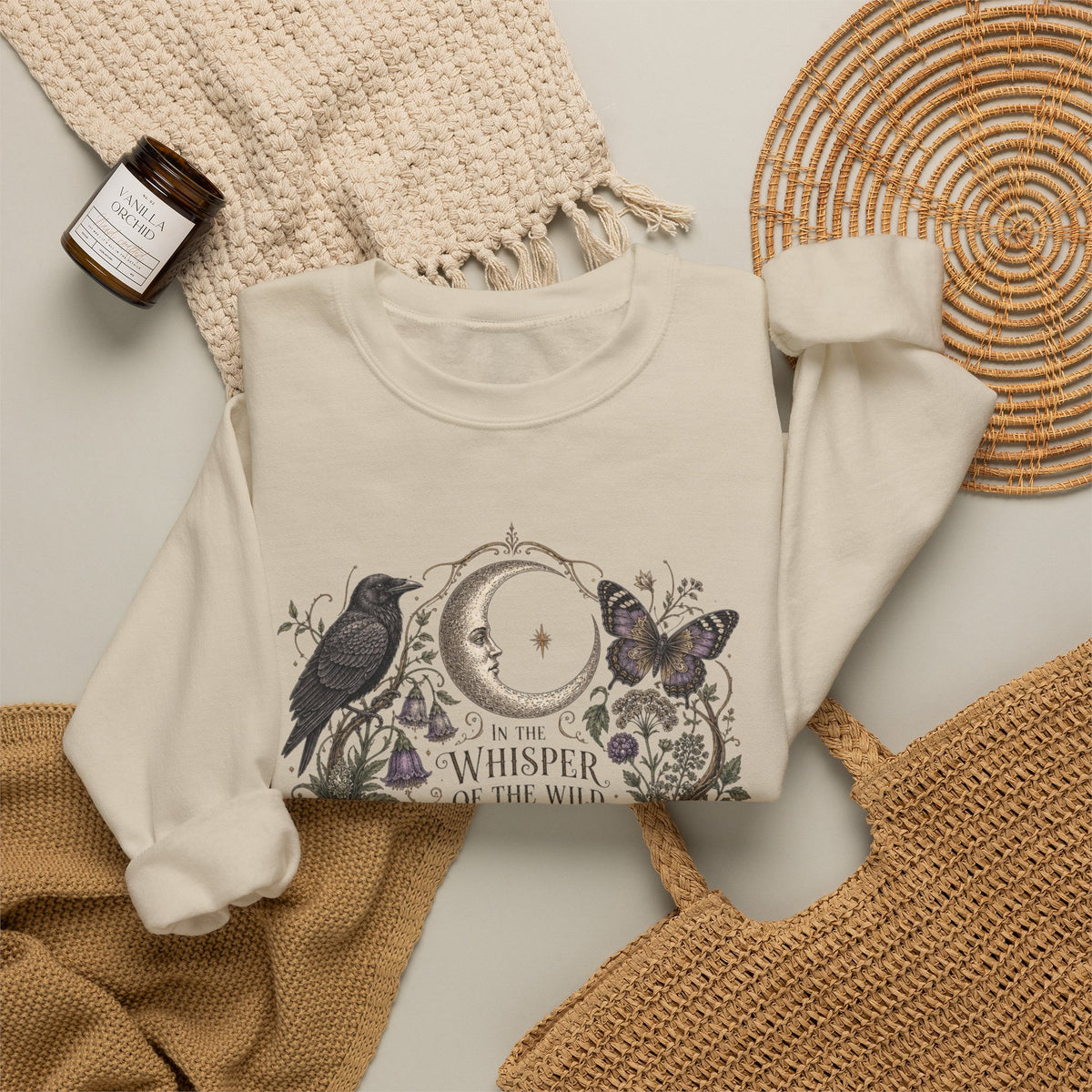 Mystic Moon & Mushroom Crewneck Sweatshirt — "Whisper to the Wild" Nature Graphic