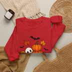 Halloween Pumpkin Stack Crewneck Sweatshirt — Ghost, Sunflower & Falling Leaves Design