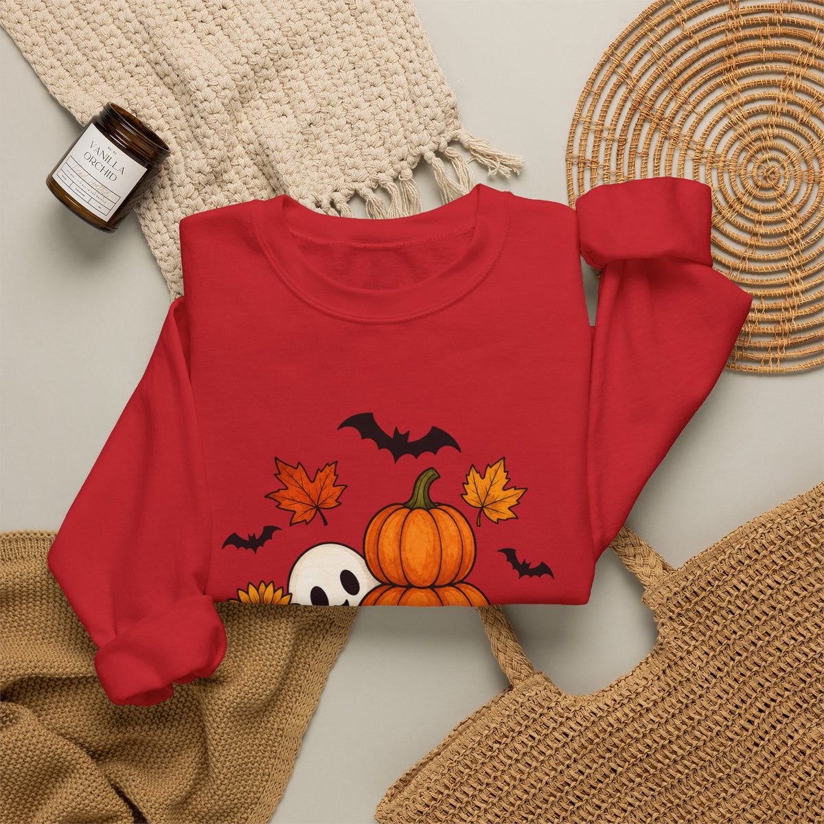 Halloween Pumpkin Stack Crewneck Sweatshirt — Ghost, Sunflower & Falling Leaves Design