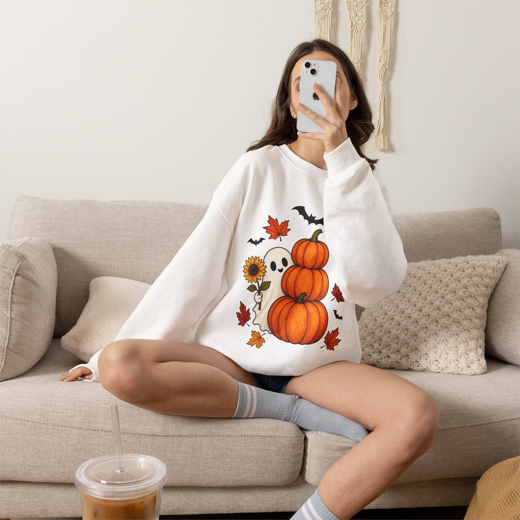 Halloween Pumpkin Stack Crewneck Sweatshirt — Ghost, Sunflower & Falling Leaves Design