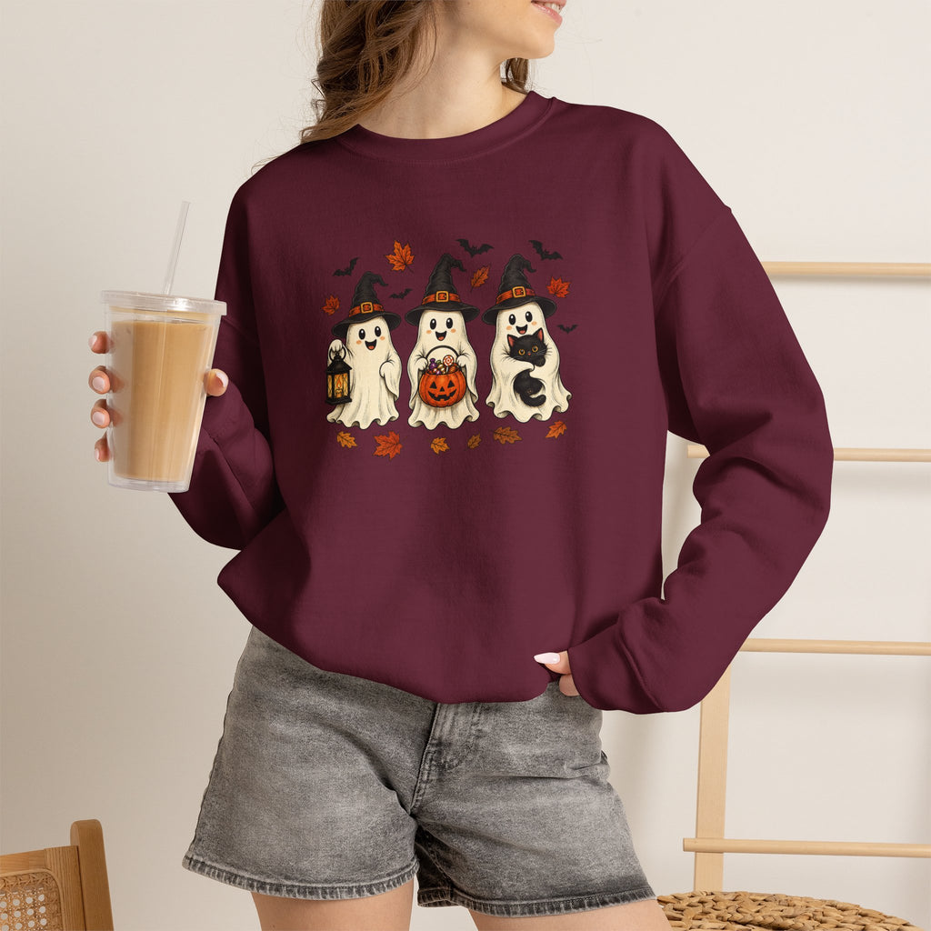 Halloween Puppy Ghosts Sweatshirt — Cute Dogs in Witch Hats with Jack-o'-Lantern