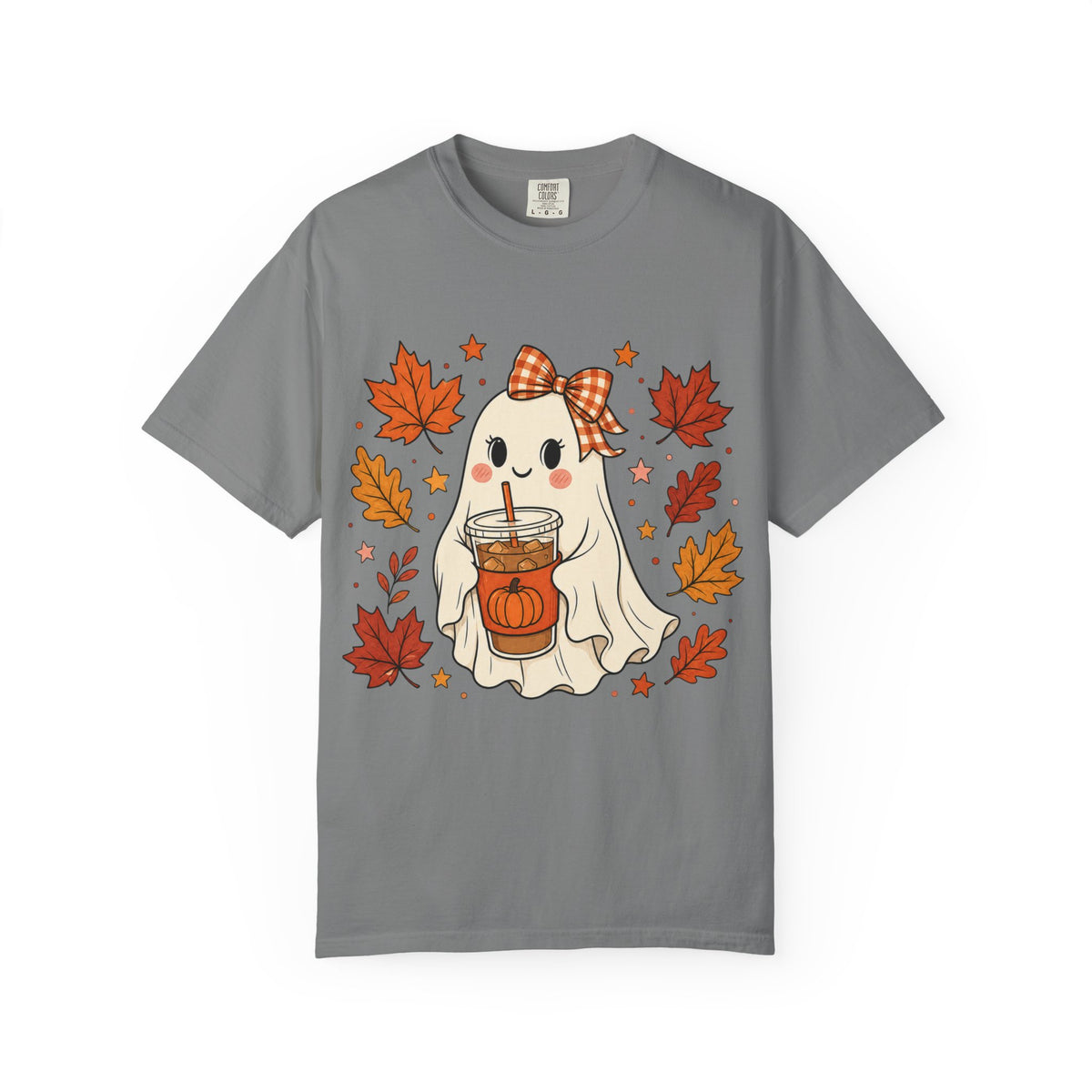 Cute Ghost Pumpkin Drink Tee — Fall Leaves Graphic T-Shirt