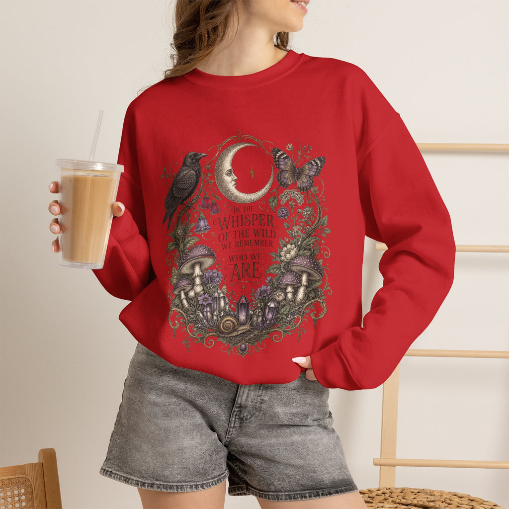 Mystic Moon & Mushroom Crewneck Sweatshirt — "Whisper to the Wild" Nature Graphic