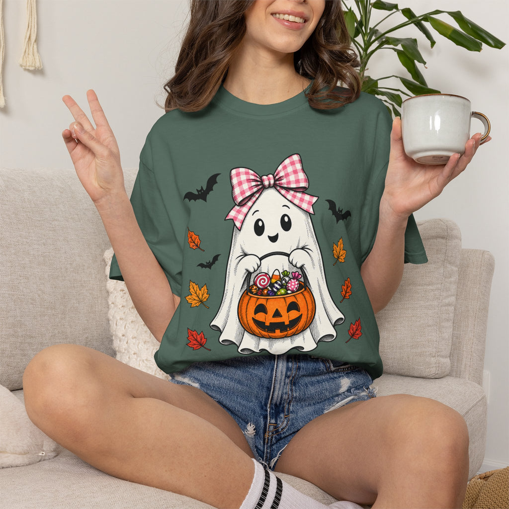 Cute Halloween Ghost T-Shirt — Trick-or-Treat Pumpkin & Bats