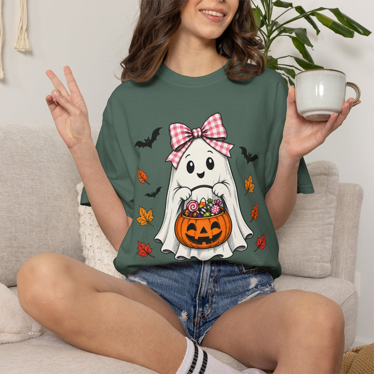 Cute Halloween Ghost T-Shirt — Trick-or-Treat Pumpkin & Bats