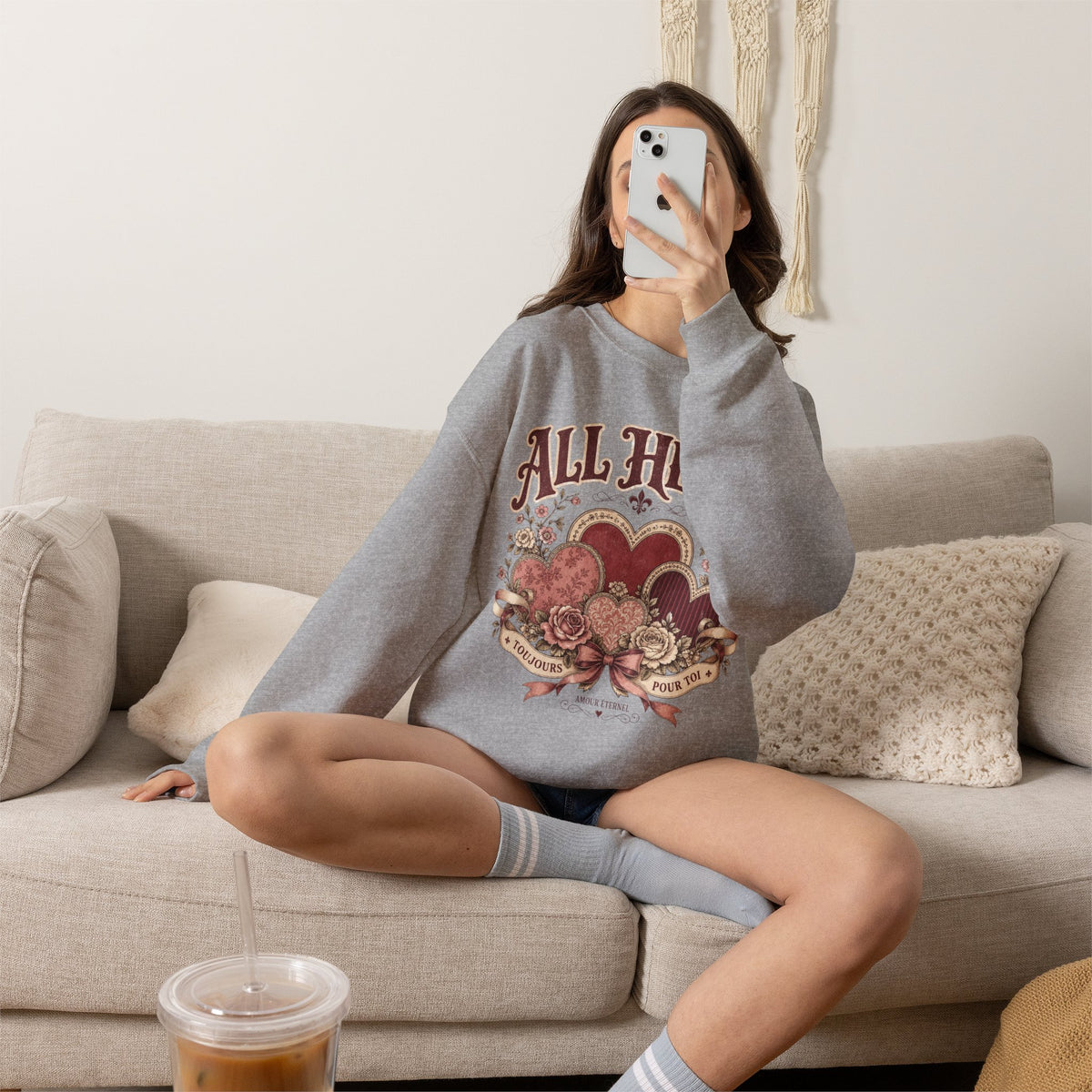 Vintage-Sweatshirt mit Rundhalsausschnitt zum Valentinstag – „All Heart“ romantisches Motiv