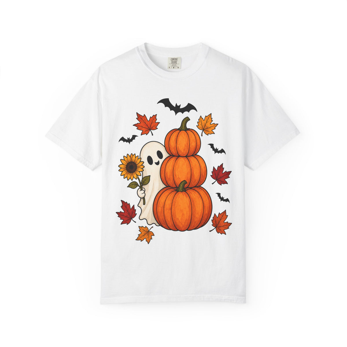 Halloween Pumpkin Stack T-Shirt — Cute Ghost, Sunflower & Falling Leaves Design