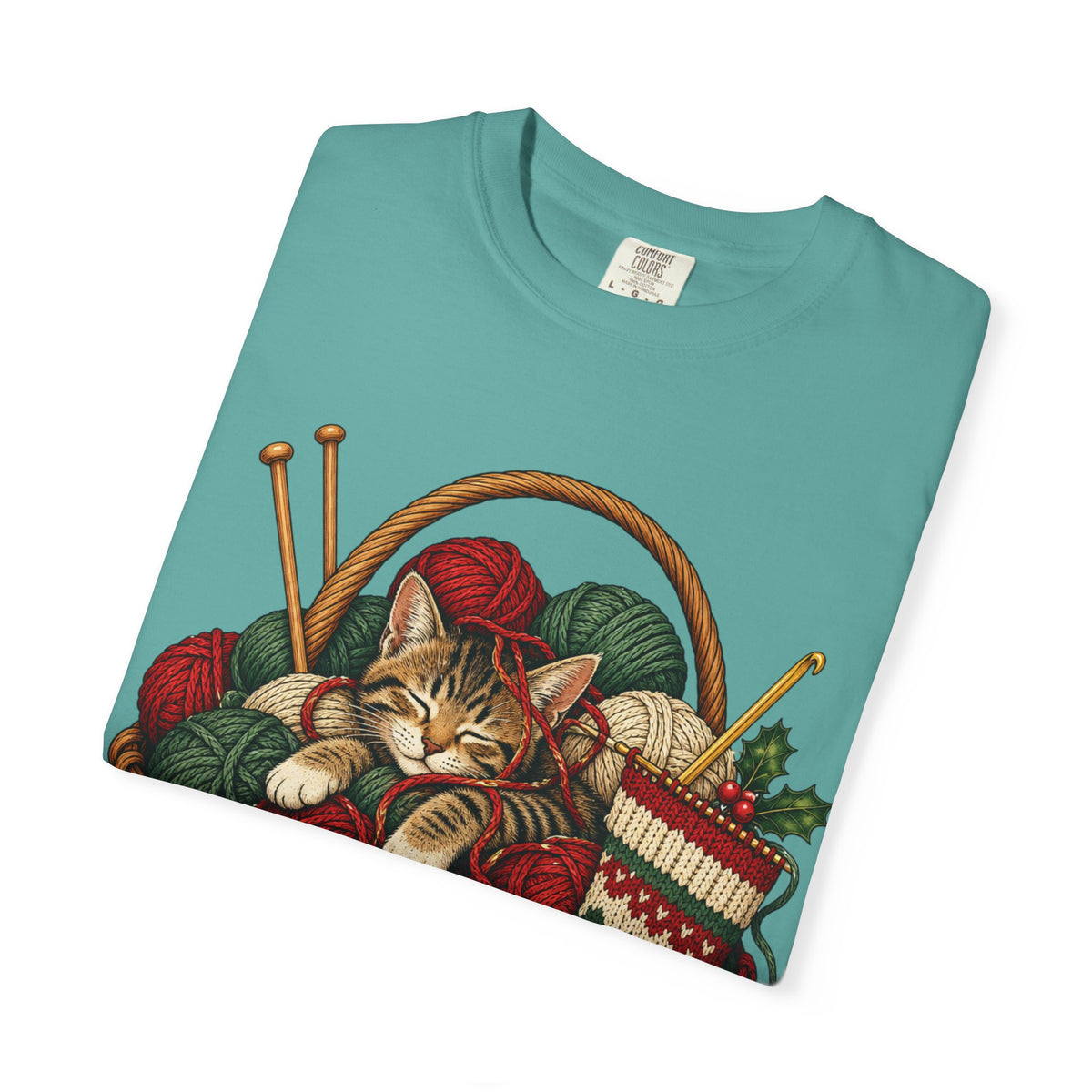 Cat in Yarn Basket T‑Shirt — Cozy Holiday Knitting Cat Tee