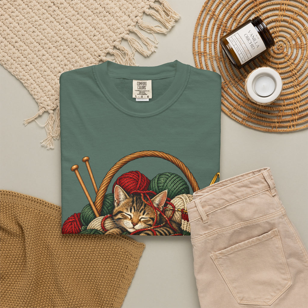Cat in Yarn Basket T‑Shirt — Cozy Holiday Knitting Cat Tee