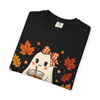 Cute Ghost Pumpkin Drink Tee — Fall Leaves Graphic T-Shirt