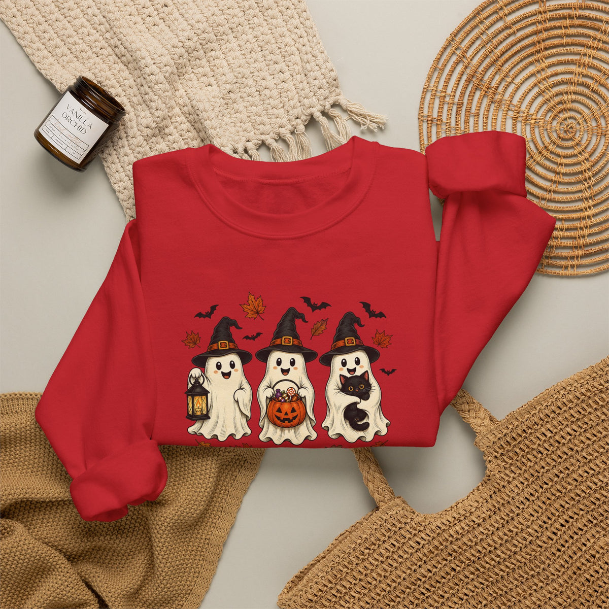 Halloween Puppy Ghosts Sweatshirt — Cute Dogs in Witch Hats with Jack-o'-Lantern