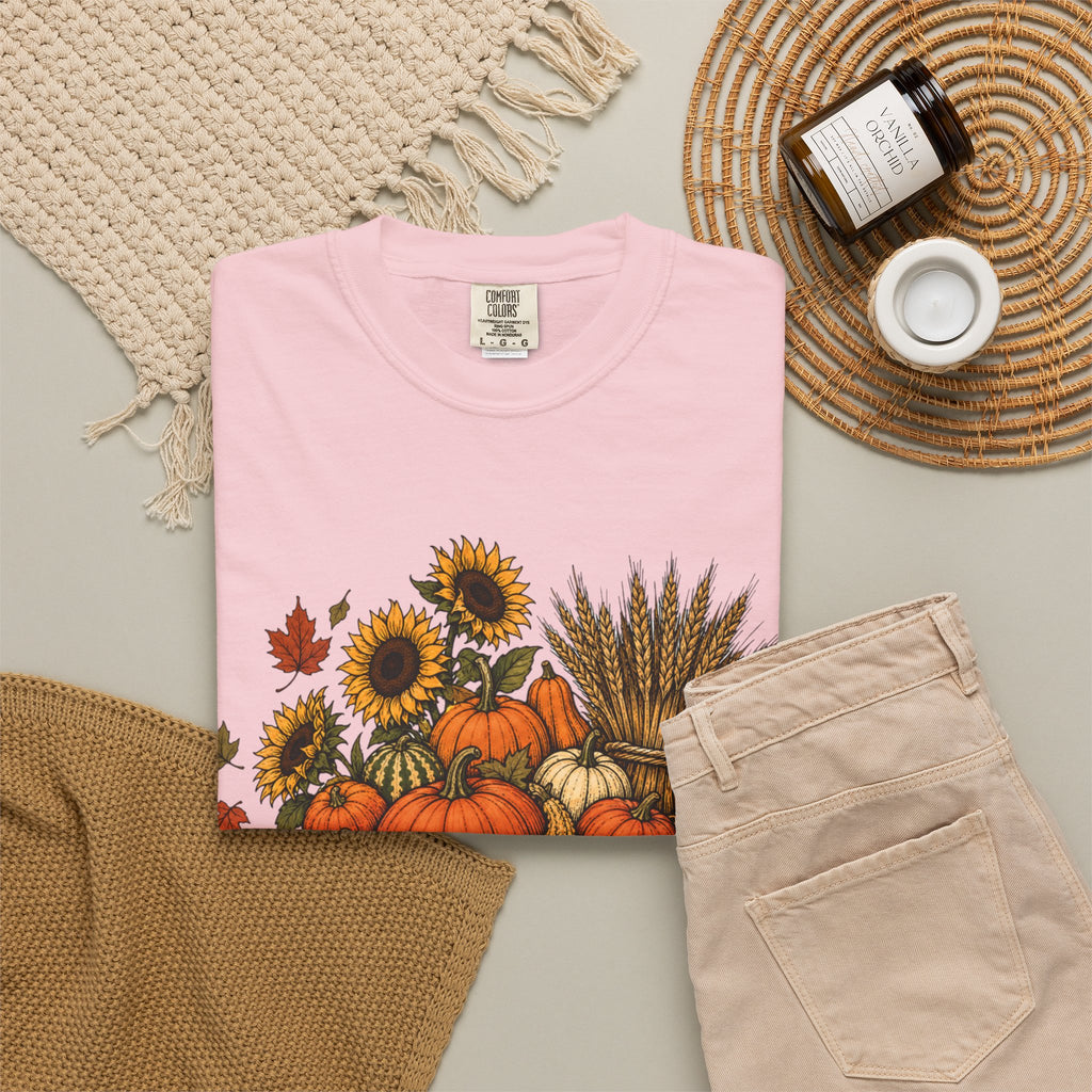 T-Shirt „Herbsternte-Wagen“ — Kürbis & Sonnenblume Herbst-T-Shirt