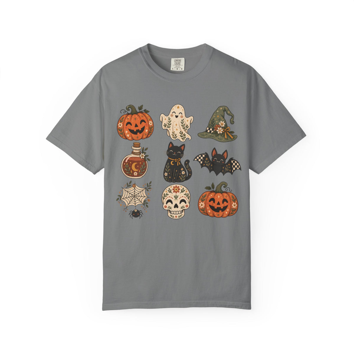 Halloween Icons T-Shirt — Cute Retro Pumpkins, Ghost, Cat & Skull Tee