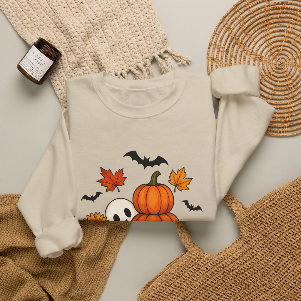Halloween Pumpkin Stack Crewneck Sweatshirt — Ghost, Sunflower & Falling Leaves Design