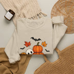 Halloween Pumpkin Stack Crewneck Sweatshirt — Ghost, Sunflower & Falling Leaves Design