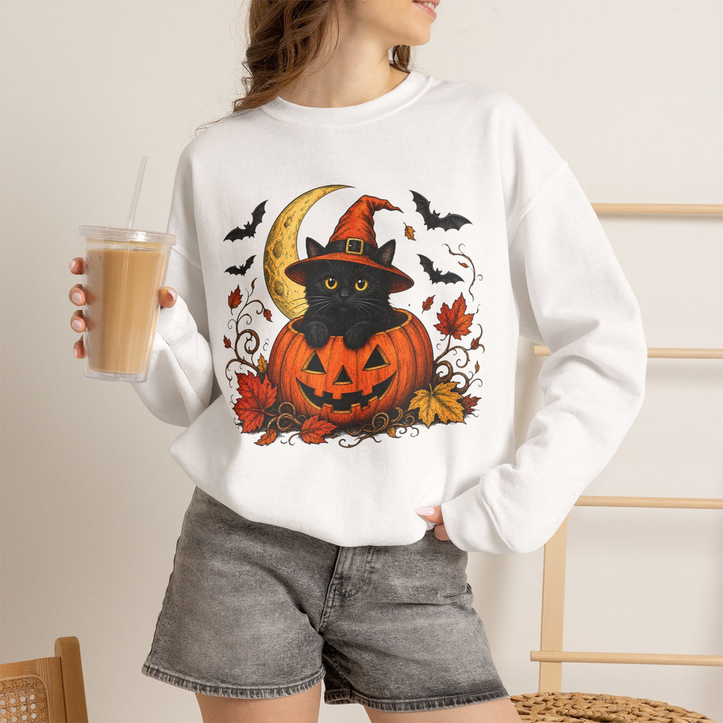 Halloween Black Cat Pumpkin Sweatshirt — Witch Hat, Moon & Bats Crewneck