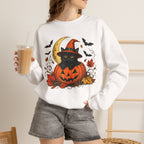 Halloween Black Cat Pumpkin Sweatshirt — Witch Hat, Moon & Bats Crewneck