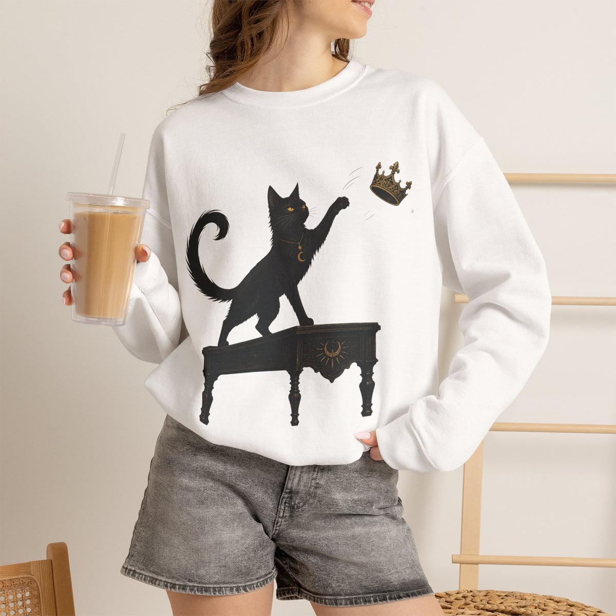 Cat with Crown Crewneck Sweatshirt — Playful Black Cat Graphic